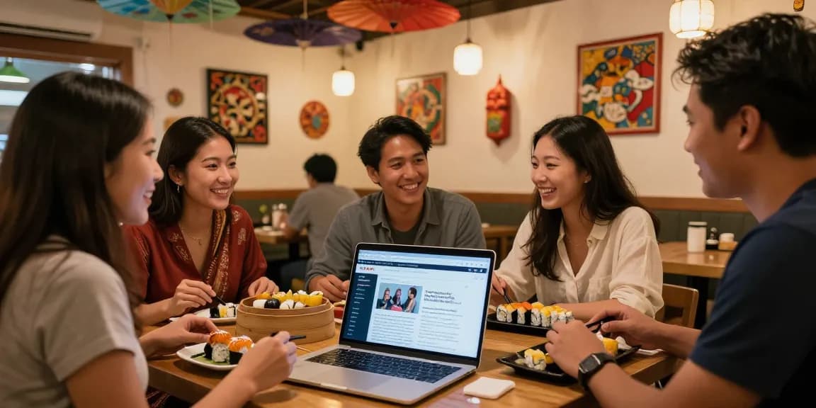 A group of friends enjoying cultural dishes while exploring https://hanadultalk.com in a vibrant café atmosphere.