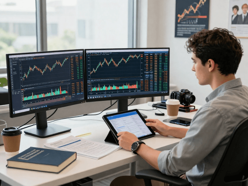 TradingView user analyzing financial data on multiple screens in a modern trading office.