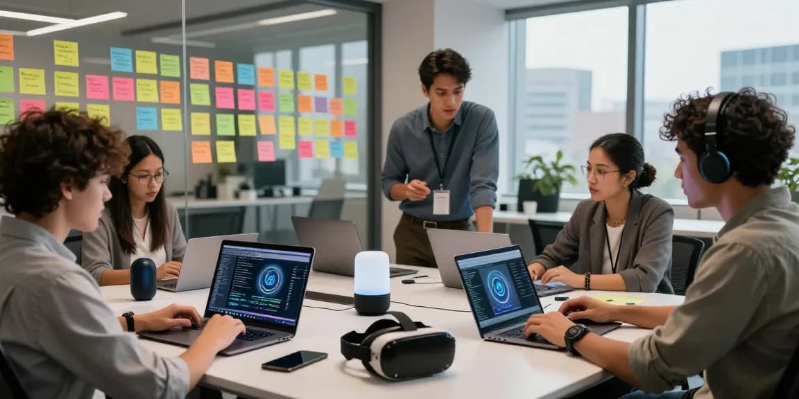 Team discussing AI agents in a bright tech office with laptops and smart devices.