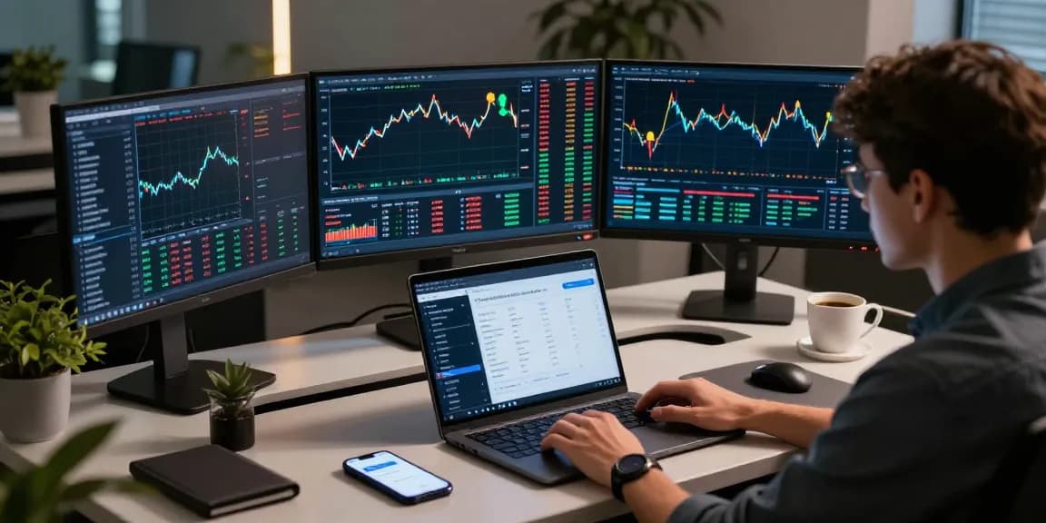 Funexchange platform user trading cryptocurrency in a modern workspace with digital wallet and price charts.