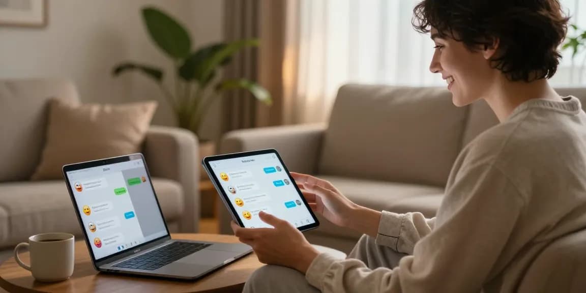 Engaging in a free AI sex chat on a tablet, cozy room with warm lighting.