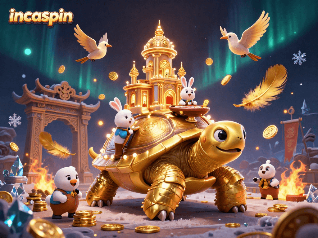 Spin to win at IncaSpin Casino with a golden tortoise and rabbit dealer amidst flying coins.