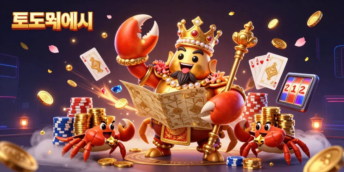 Engage with 토토사이트 featuring a magnificent crab emperor amidst cascading coins and spinning roulette wheels.