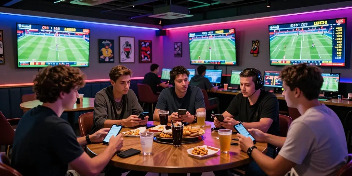 Excited group of sports enthusiasts discussing newbet4d betting odds in a lively gaming lounge.