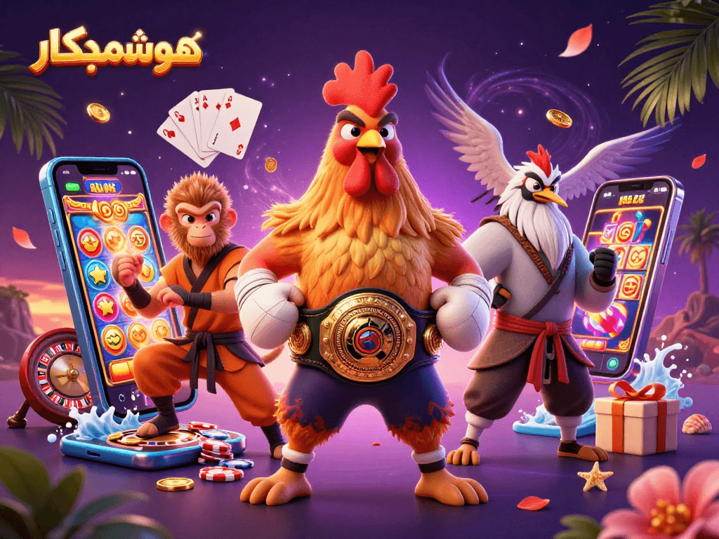 Engage with the vibrant casino scene showcasing هوشمندکار through dynamic slot games and playful characters.