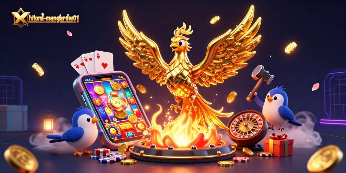 hitomi-mangaraw01 showcases a golden phoenix thriving in a rich casino atmosphere with spinning slots.