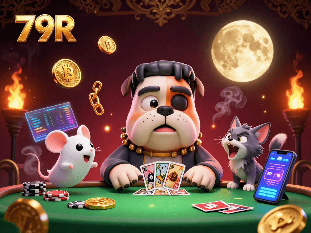 Interaja com 79R em uma cena vibrante de cartas e criptomoedas, revelando emoção e diversão.