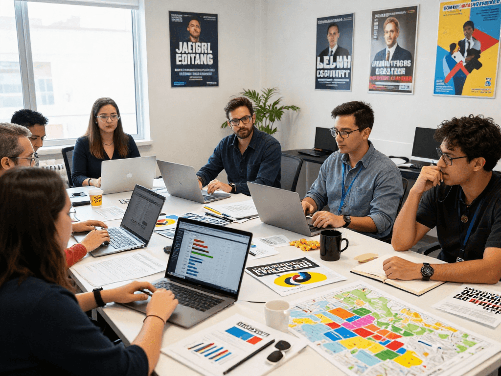 Strategists examining voter data for political reputation management in a collaborative office space.