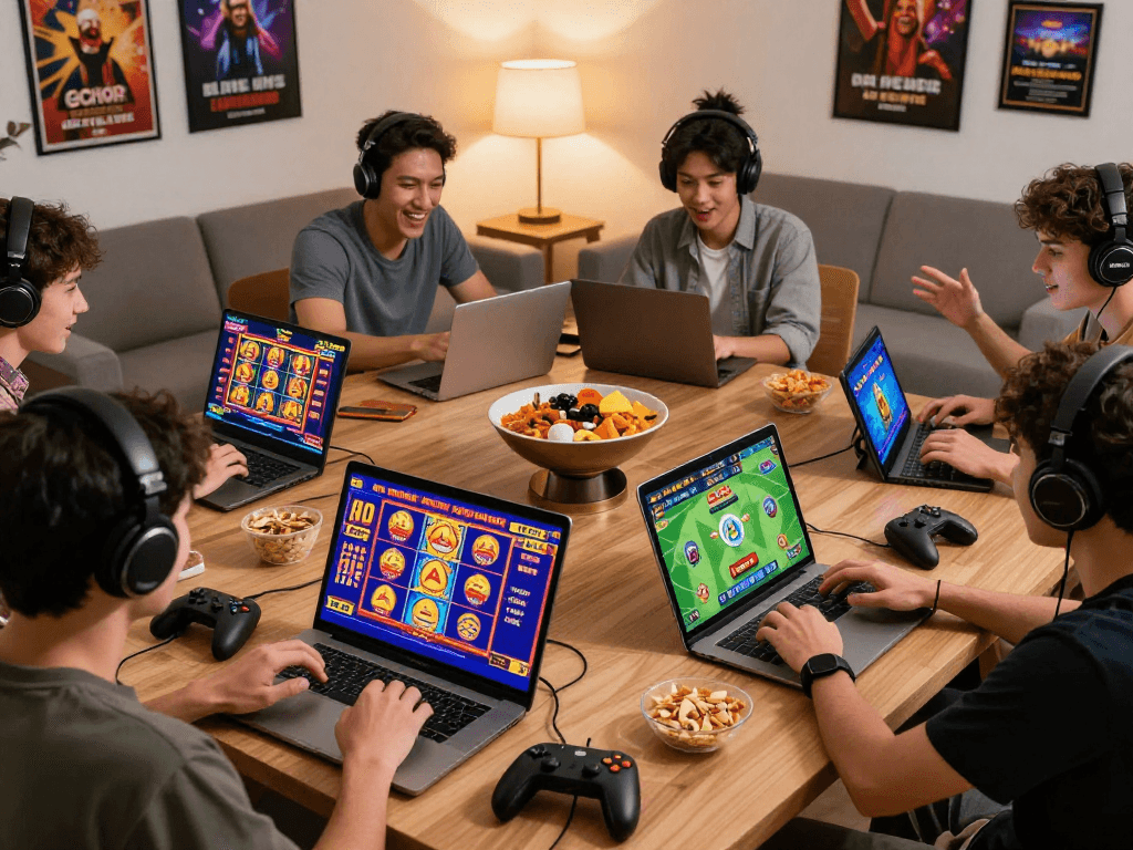 Players immersed in lively pasaran togel gaming experience, showcasing slot games and live casino action.
