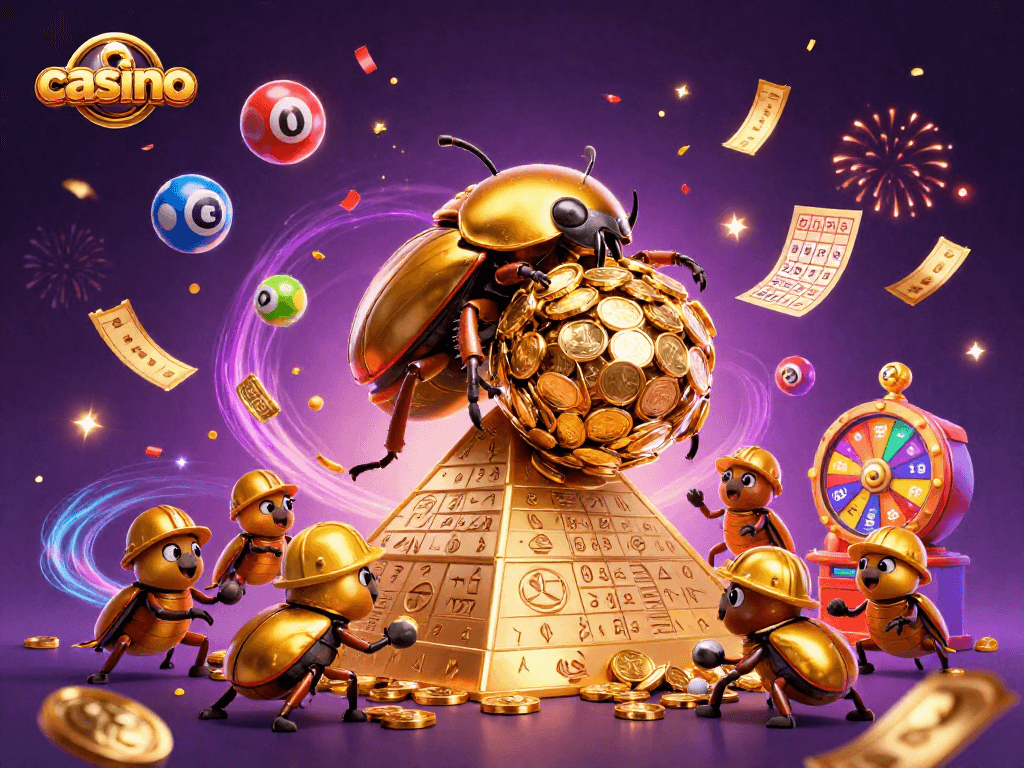 Experience casino fun with a golden dung beetle rolling coin riches in a vibrant celebration scene