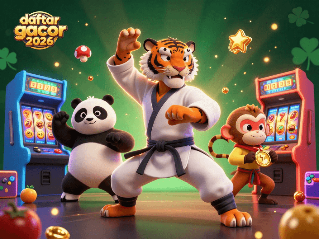 Gambarlah daftar slot gacor 2026 dengan karakter harimau kung fu dan elemen kasino yang penuh warna.