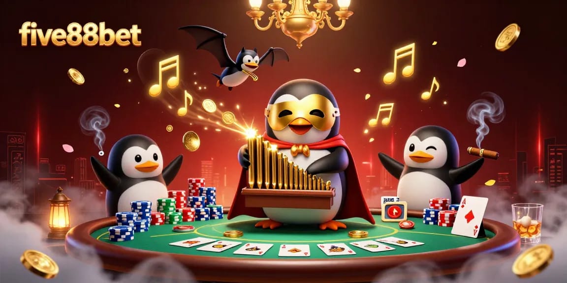 Experience five88bet's thrilling casino scene with a masked penguin orchestrating riches and excitement.