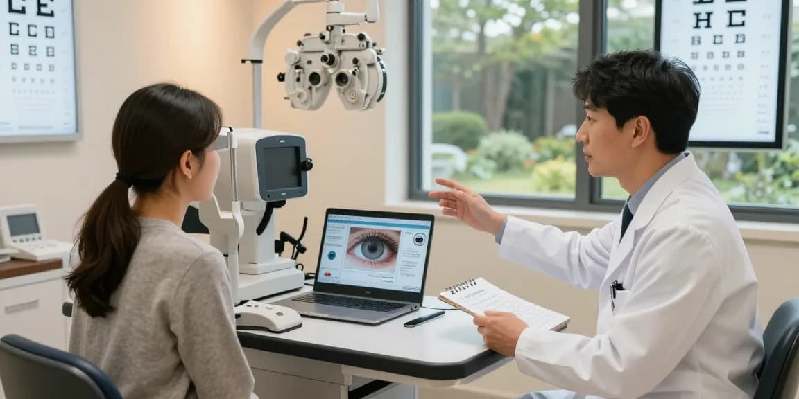 Patient consultation on 라섹 종류 in a modern South Korean eye clinic, with advanced diagnostic equipment and a supportive atmosphere.