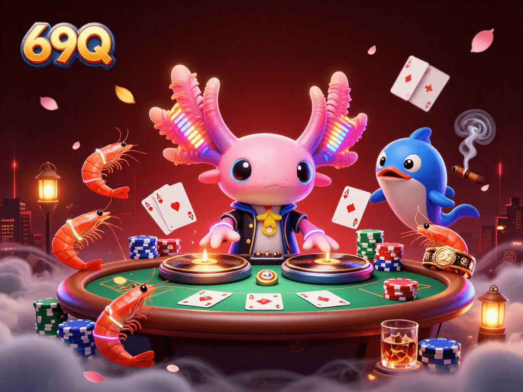 Jogando no emocionante 69Q com um DJ axolote iluminado e mesa de pôquer vibrante.
