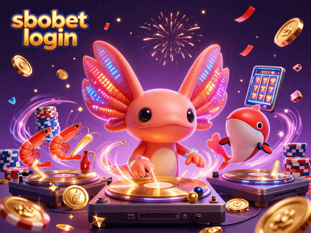 Experience sbobet login action in this vibrant casino scene with neon DJ and dazzling symbols.