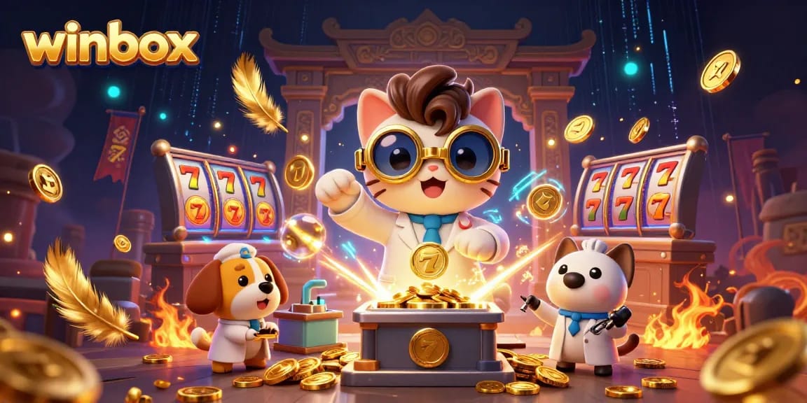 Winbox slots action with a mad scientist cat and assistant in a vibrant casino scene.