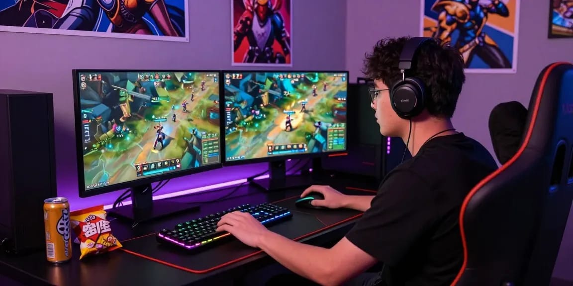 Gamer intensely focused on gaming setup with rokok88 energy drink and colored LED lights