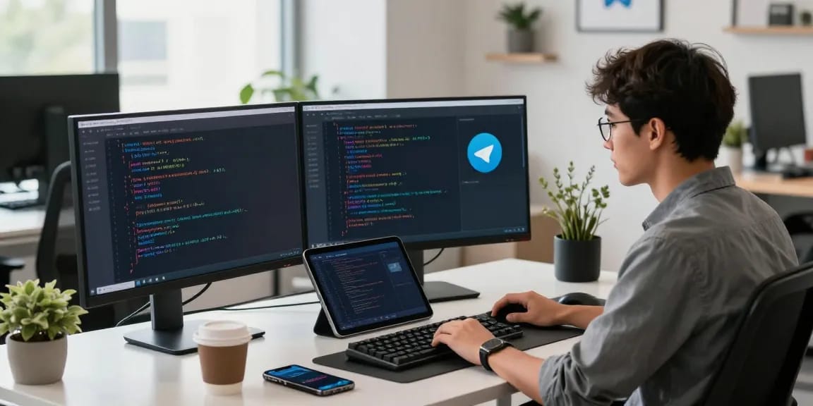 Focused professional enhancing 纸飞机中文版 app functionalities in modern tech workspace.