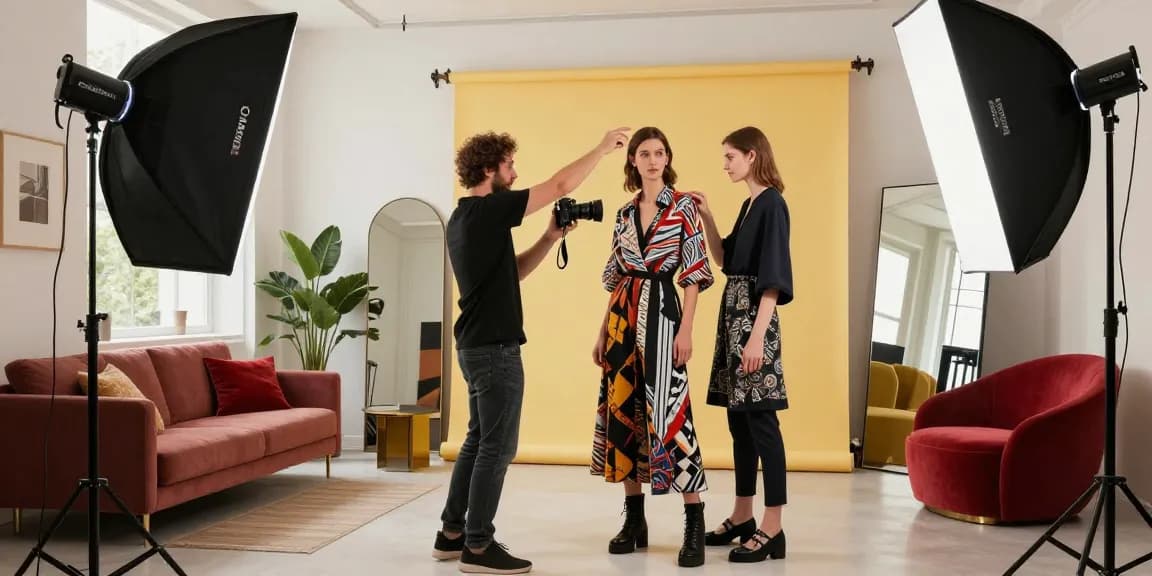 Fotografo professionista Milano in uno studio di moda durante un servizio fotografico creativo.