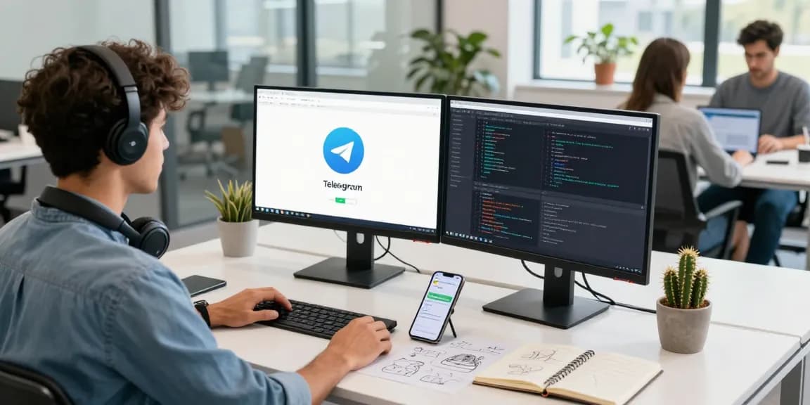 Engaging workspace showcasing 纸飞机中文版 on dual monitors, illustrating tech-savvy communication.