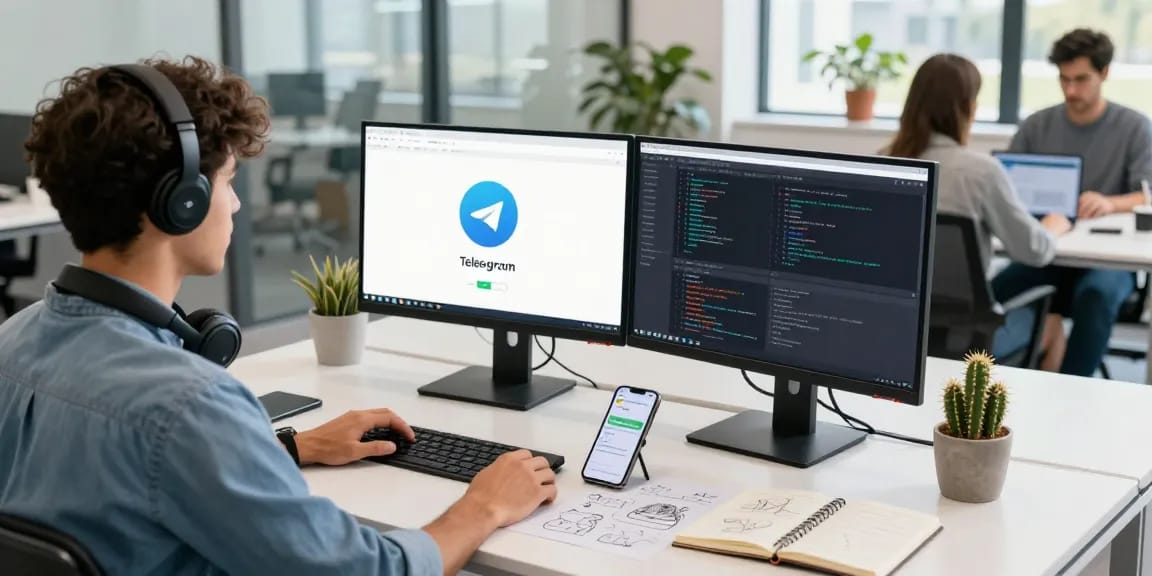 Engaging workspace showcasing 纸飞机中文版 on dual monitors, illustrating tech-savvy communication.