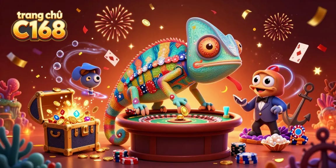 Experience thrilling gaming at trang chủ C168 with vibrant visuals of a chameleon casino owner amidst casino elements.