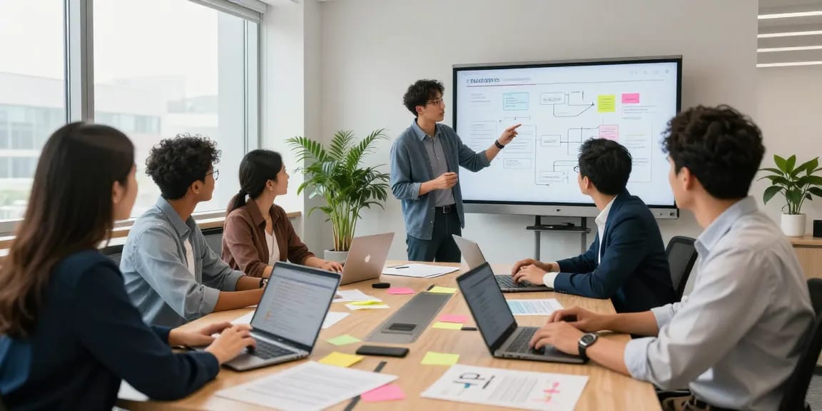 Multiple professionals collaborating in a modern office, demonstrating wps下载 for enhanced productivity and teamwork.