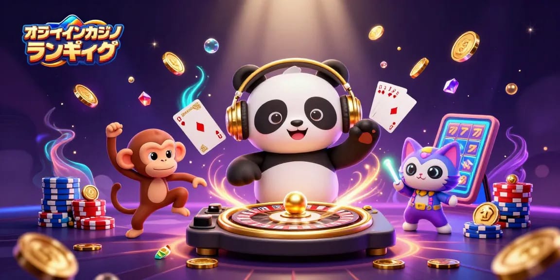オンラインカジノ ランキングを楽しむDJパンダとダンスする猿のカジノシーン