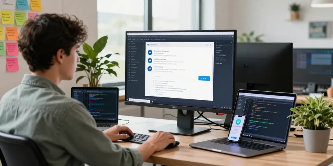 Enhancing communication with 纸飞机中文版 in a vibrant tech workspace, featuring coding and user interface design.