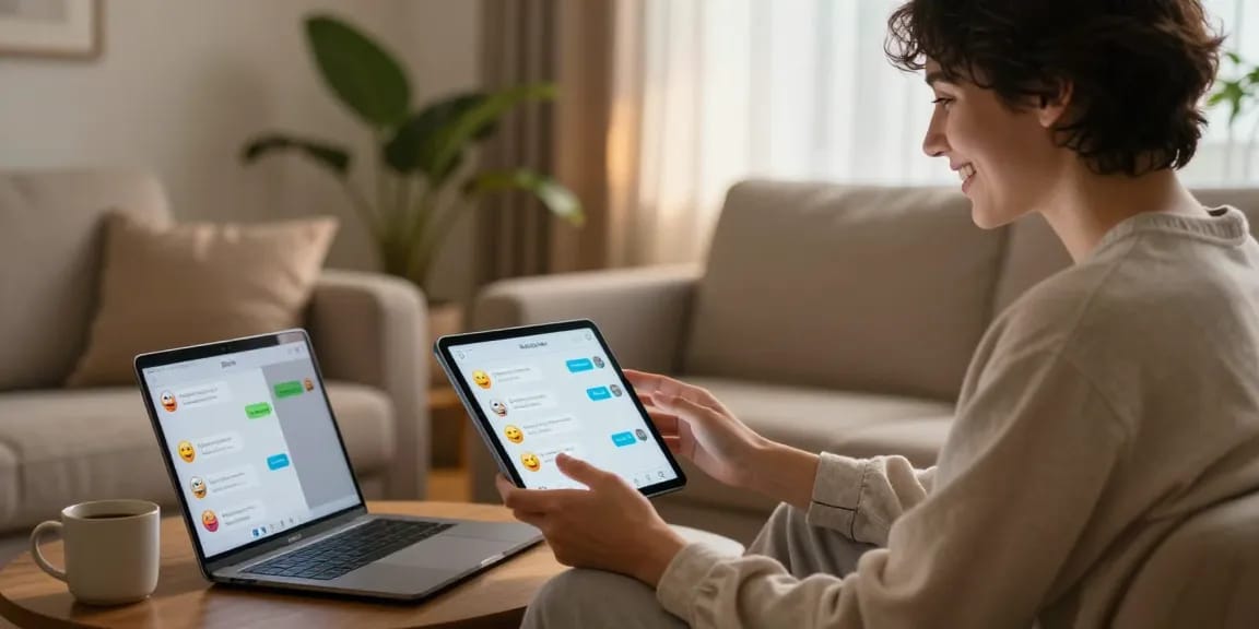 Engaging in a free AI sex chat on a tablet, cozy room with warm lighting.
