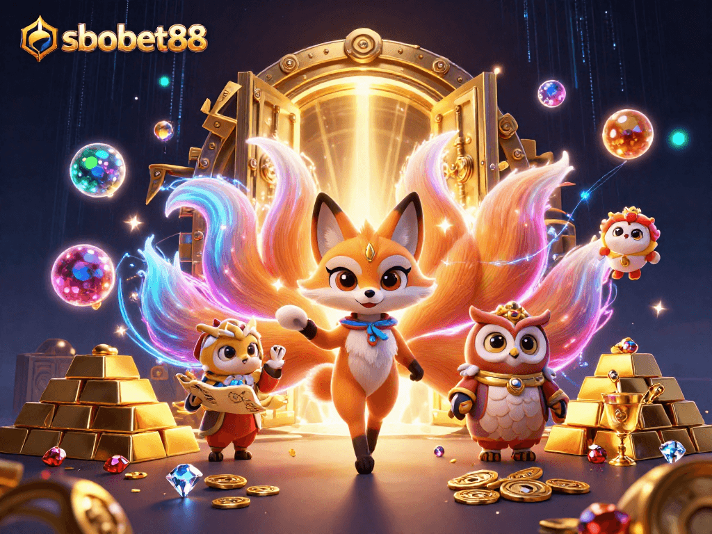 Experience thrilling sports betting with sbobet88 in a vibrant, magical 3D illustration of fortune and fun.