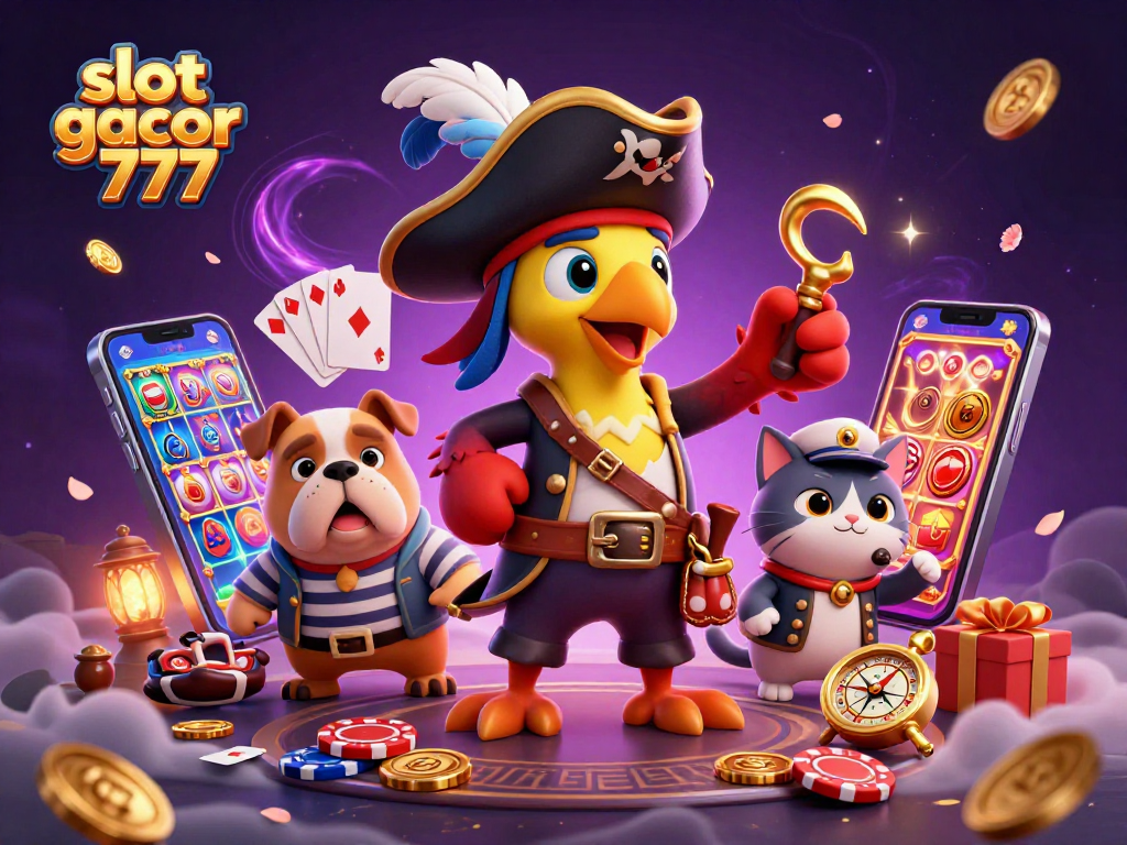 Engage in thrilling action with slot gacor 777 as a pirate captain leads a colorful casino scene filled with games and excitement.