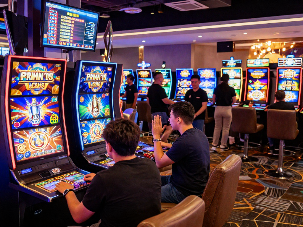 Diverse players enjoying exciting slot games at an agen gacor digital casino, celebrating wins in a vibrant atmosphere.