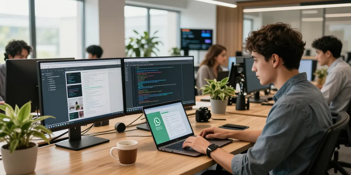 Professional using WhatsApp網頁版 in a modern office environment with vibrant teamwork atmosphere.