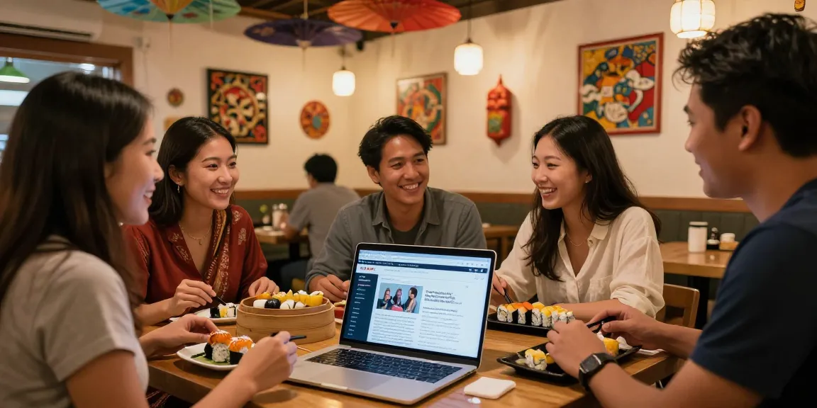 A group of friends enjoying cultural dishes while exploring https://hanadultalk.com in a vibrant café atmosphere.