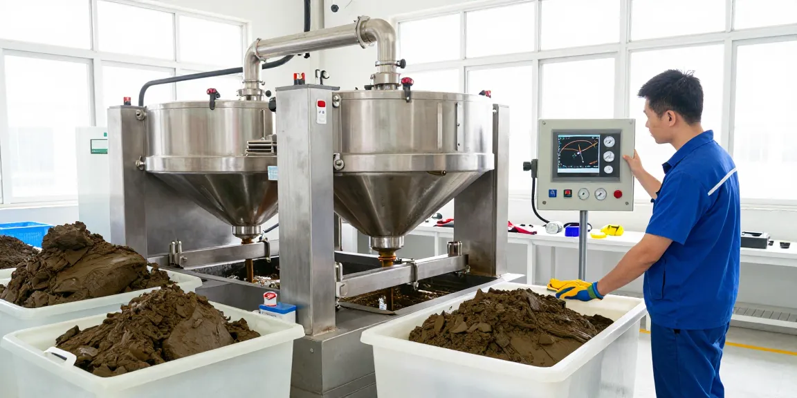 Advanced sludge dewatering process featuring modern centrifuge equipment in industrial environment.