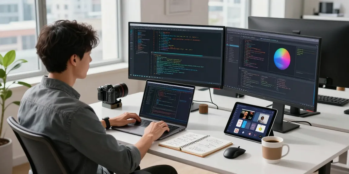 Software engineer coding at telegraimin.com workspace with monitors and collaboration tools.