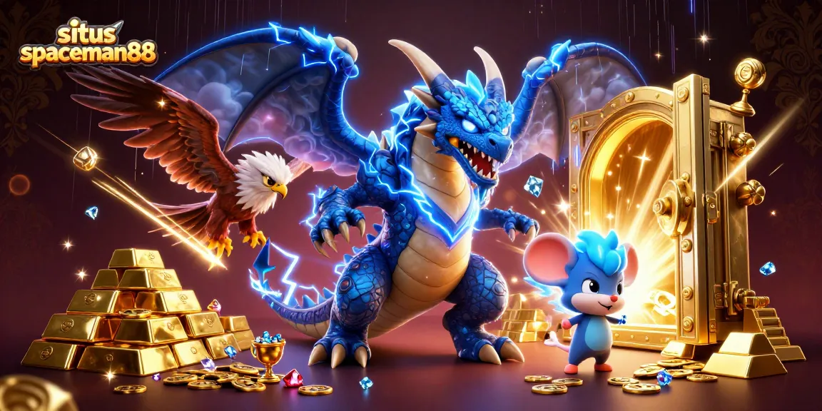 Spark excitement at situs spaceman88 with a thrilling 3D casino-themed scene filled with vibrant characters and treasure.