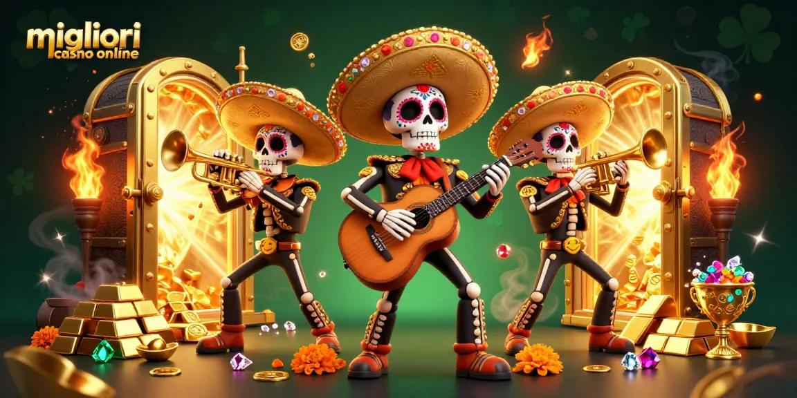 Scopri l'arte vibrante in 3D che celebra i migliori casino online con una vivace band mariachi tra i tesori.