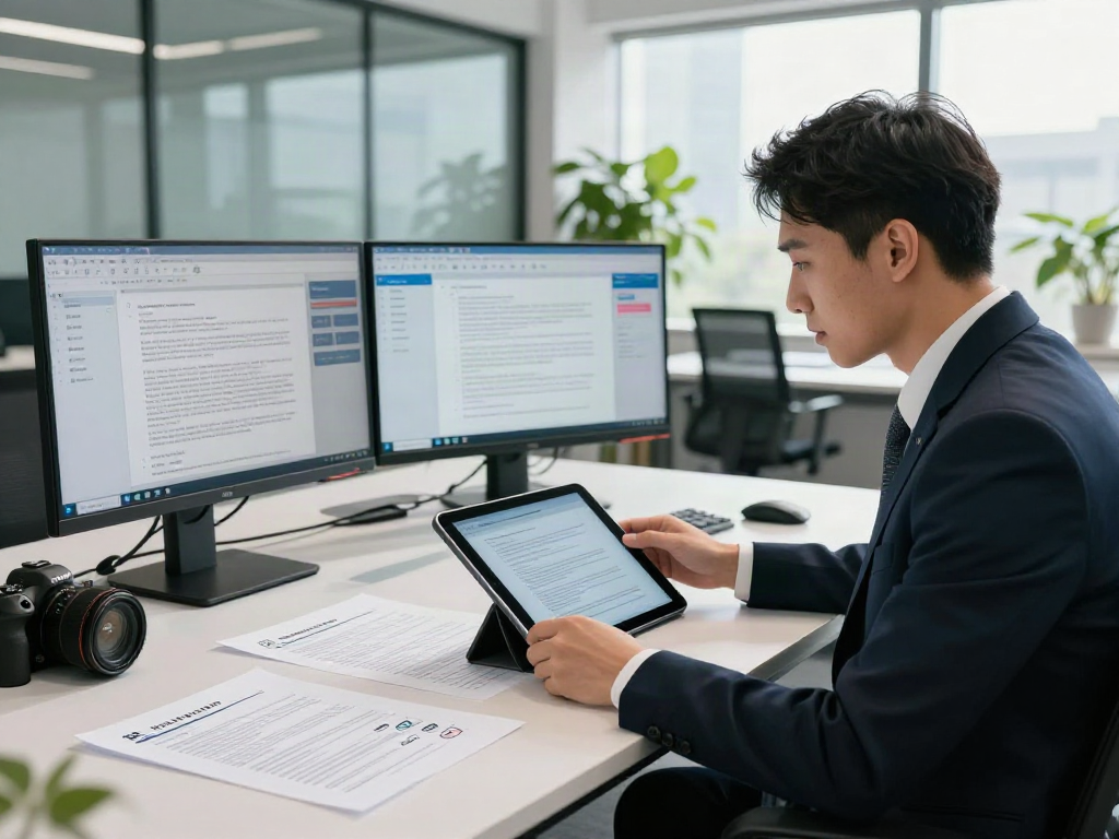 Document fraud detection analyst reviewing digital documents in a modern office.