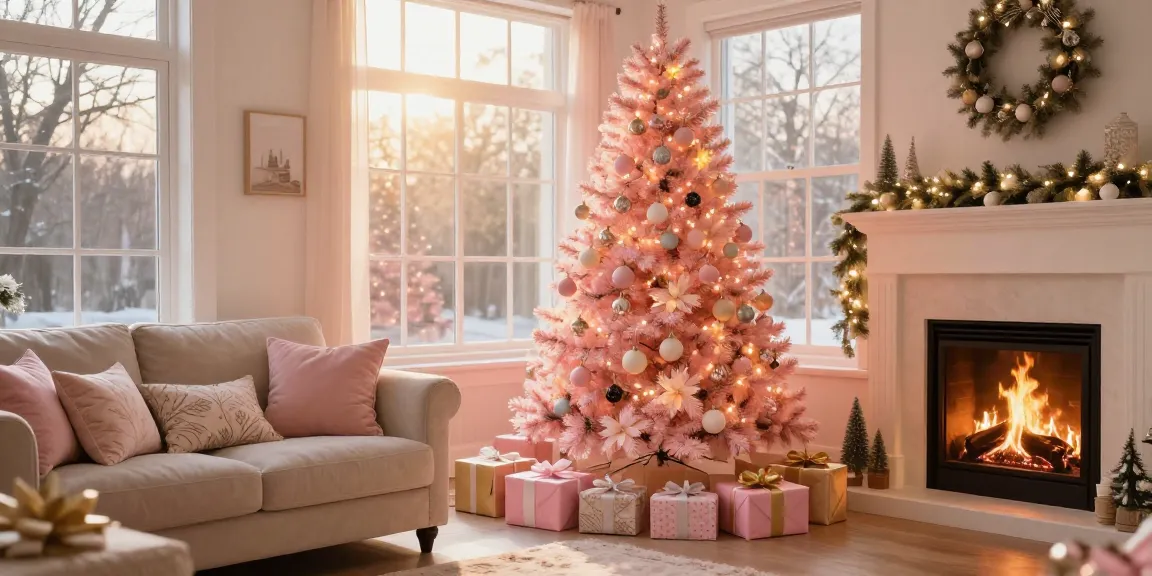 Stunning pink xmas tree decoratively illuminated in a cozy living room setting.