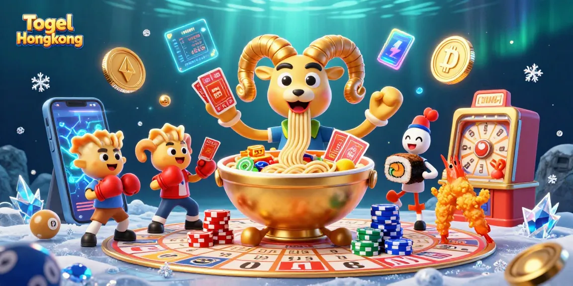 Togel Hongkong lottery scene featuring a cartoon ramen bowl and playful characters surrounded by bingo elements.