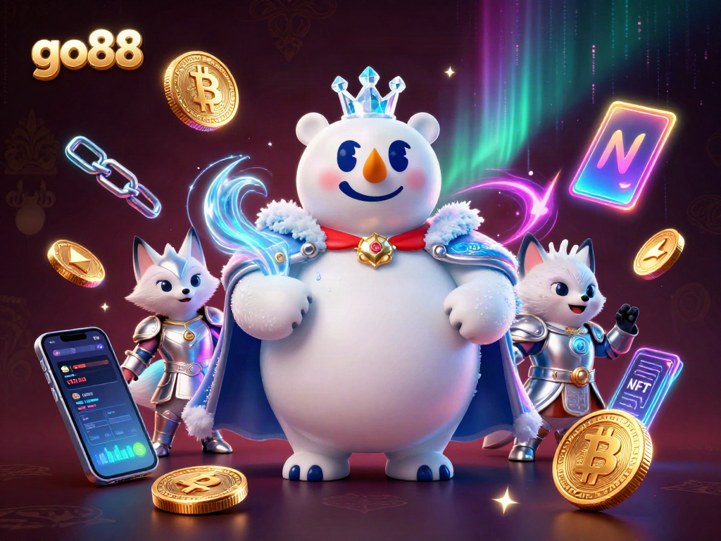 Experience go88 in an immersive gaming environment with a polar bear and fox amidst crypto-themed elements.