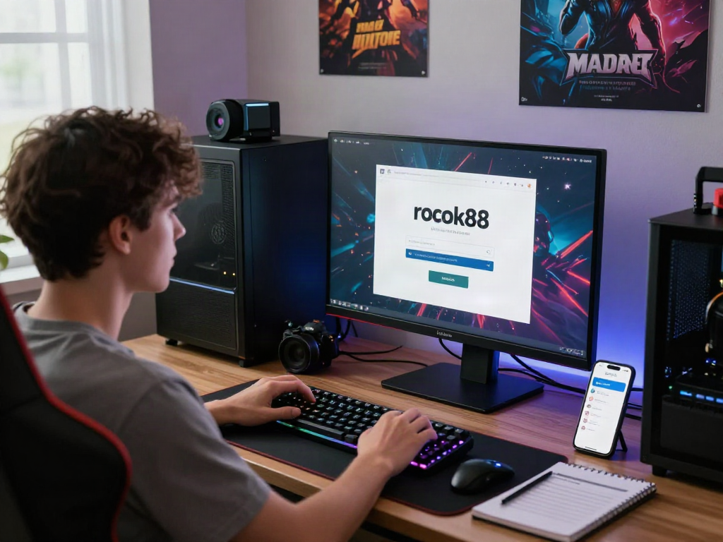 User engaged with rokok88 login on a modern computer setup, showcasing a vibrant online gambling atmosphere.