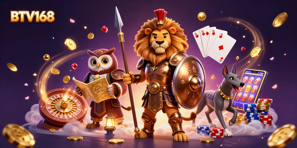BTV168 captures a dynamic casino scene with a Spartan lion, owl, and greyhound amidst coins and games