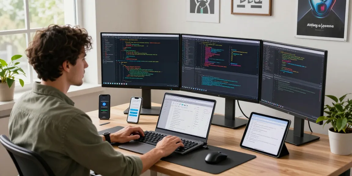 A developer coding in a modern workspace showcasing telegramin-cn.com, with vibrant screens and tech gadgets.