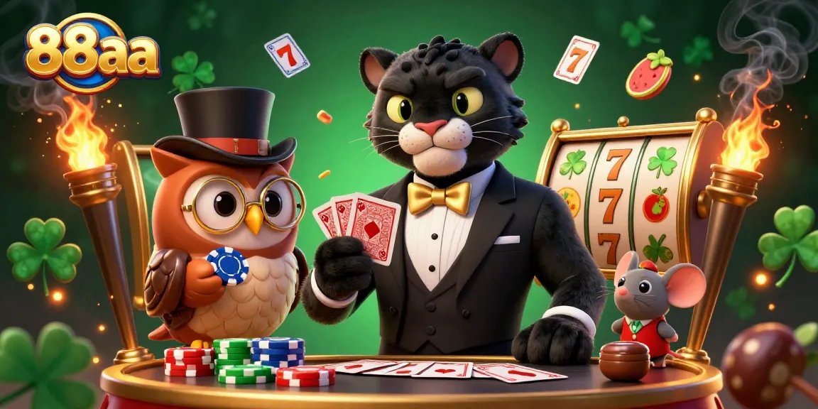 Engage with dynamic gambling action at 88aa, featuring a stylish panther dealer amidst vibrant slot elements.