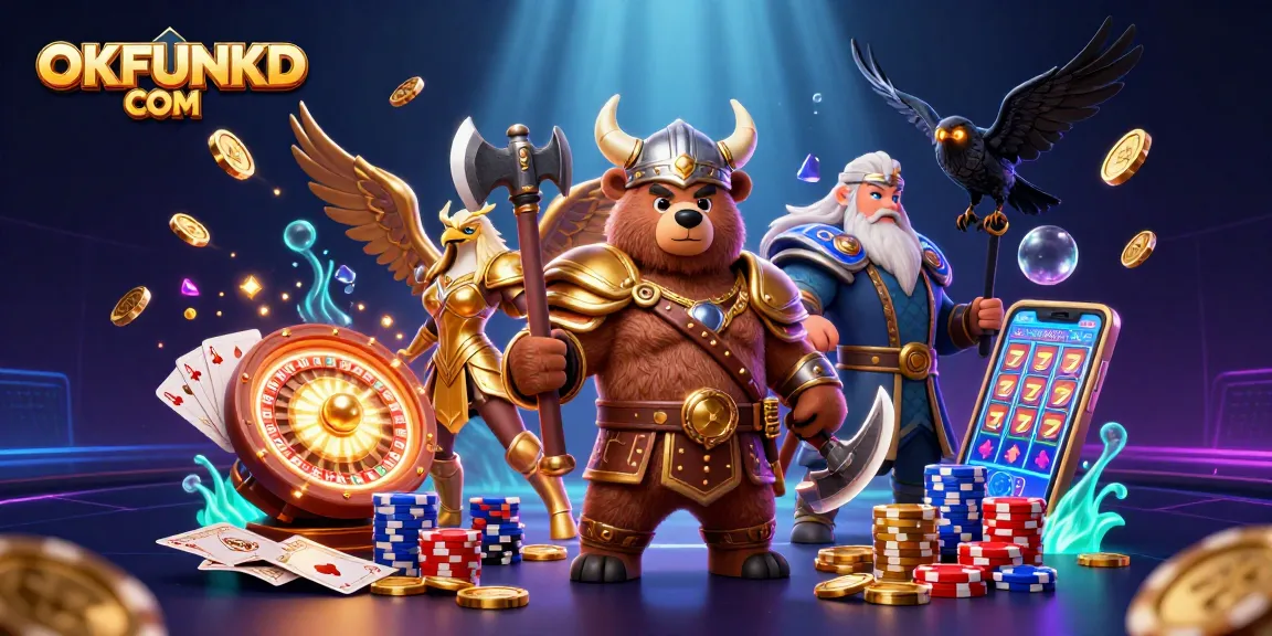 Experience the thrill at OKFUNKD COM with a vibrant casino scene featuring epic characters and dynamic game elements.