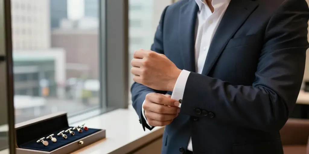 Elegant man adjusting cufflinks for men in stylish urban setting