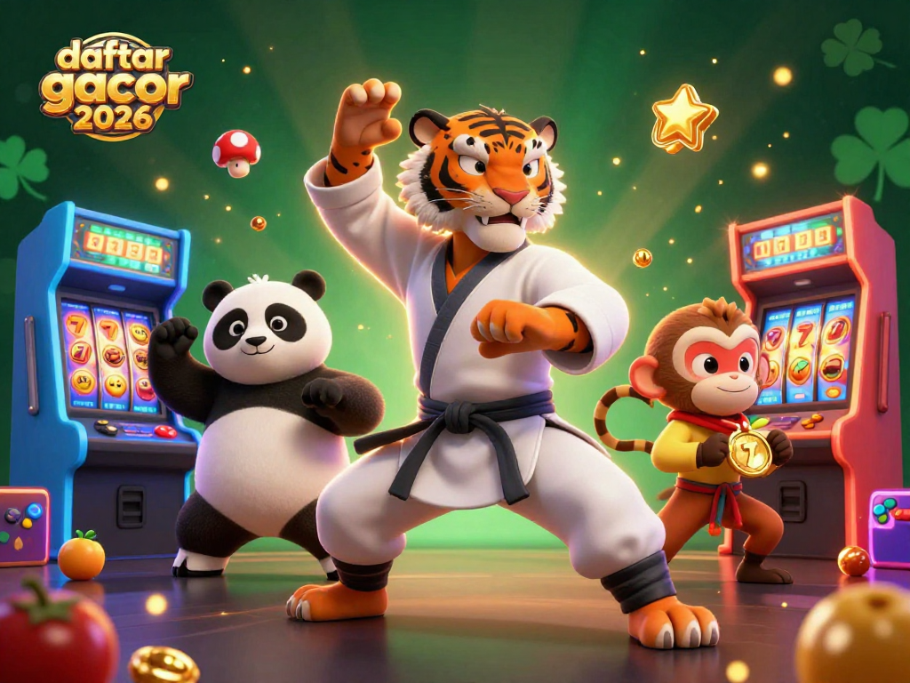 Gambarlah daftar slot gacor 2026 dengan karakter harimau kung fu dan elemen kasino yang penuh warna.